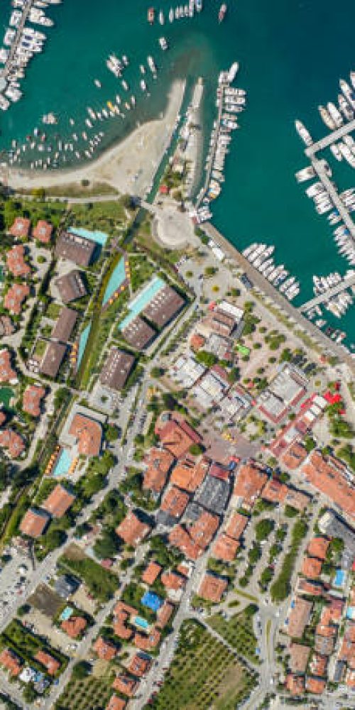Aerial view of Gocek (Göcek) City Center and marina. Taken via drone. Fethiye, Mugla Turkey.